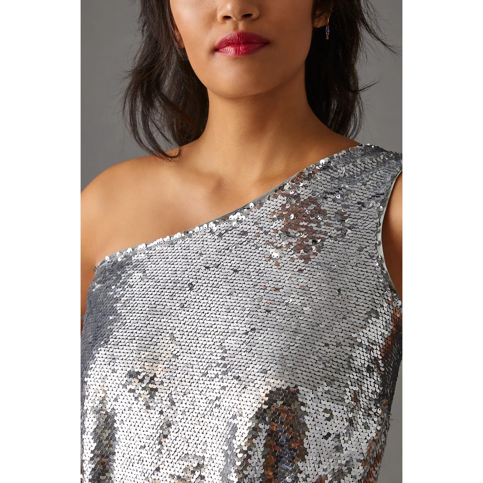 New Anthropologie Maeve One-Shoulder Sequin Cocktail Dress $230 XS Silver