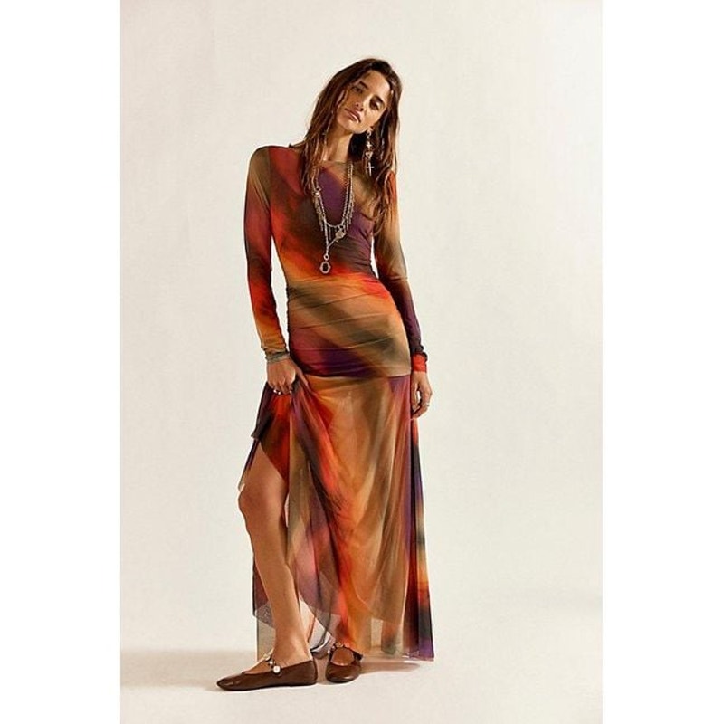 FREE PEOPLE Sunnei Mesh Maxi Dress X-LARGE Sunset Combo Ruched Free People