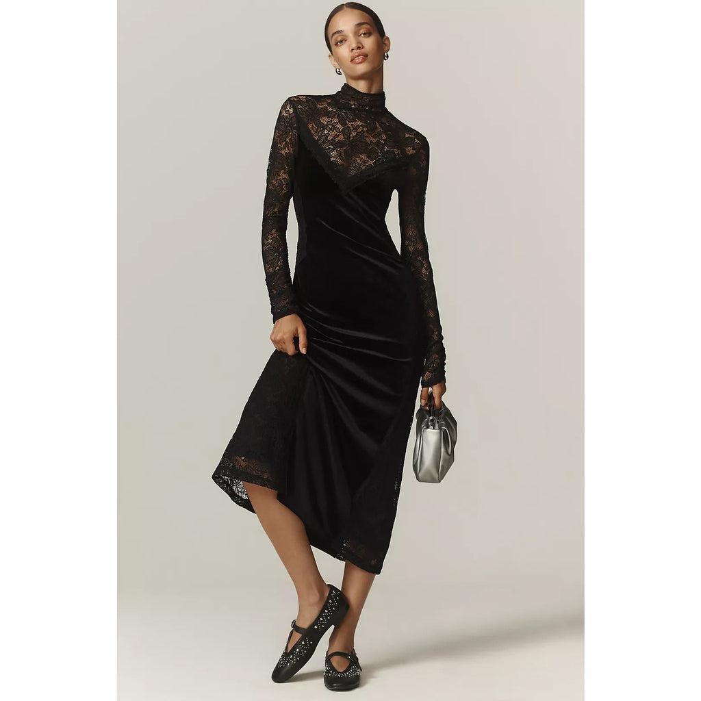 Anthropologie Long-Sleeve Mock-Neck Lace Velvet Slip Midi Dress $170 SMALL