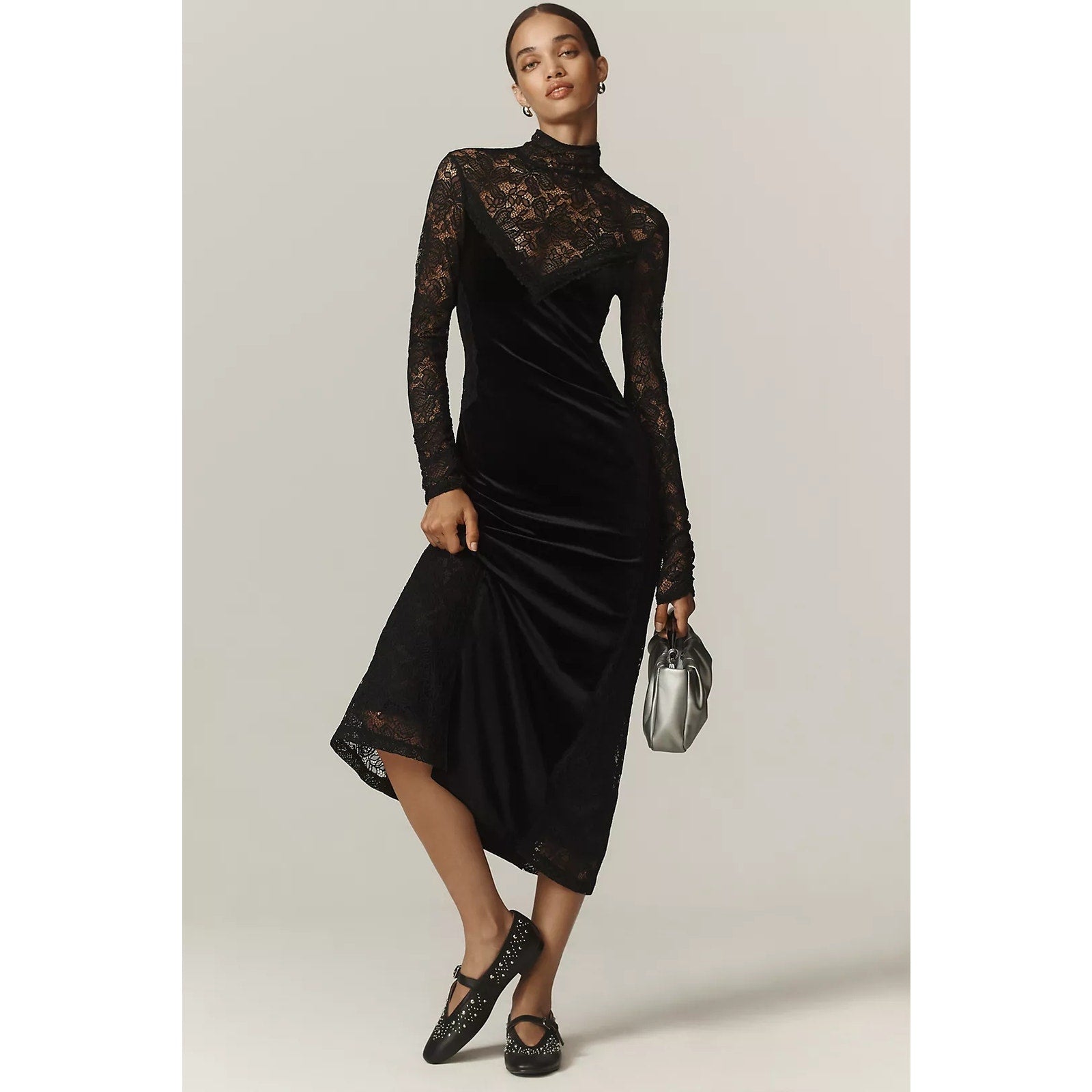 Anthropologie Long-Sleeve Mock-Neck Lace Velvet Slip Midi Dress $170 SMALL