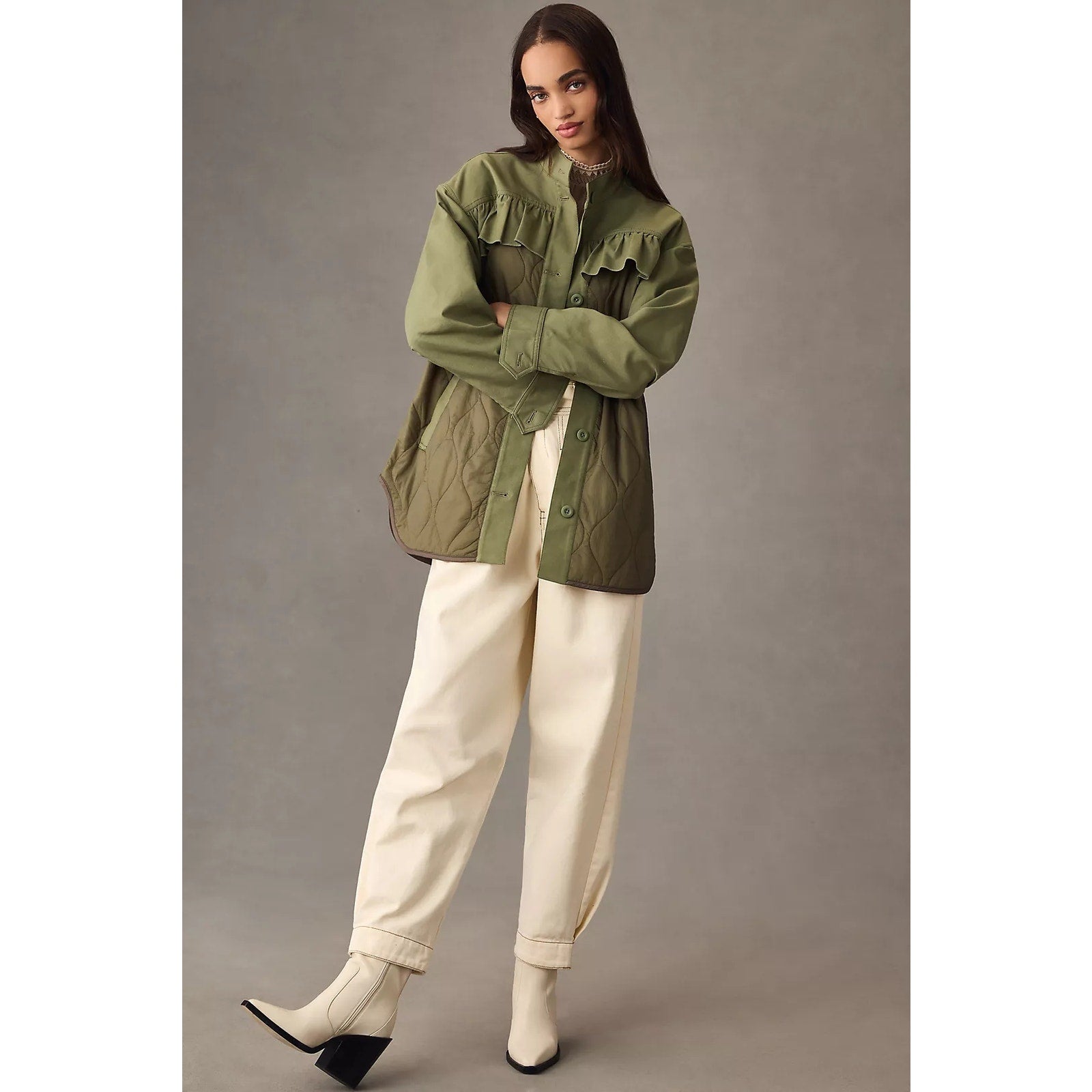 New By Anthropologie Quilted Ruffled Shacket $178 X-SMALL Moss MILITARY INSPIRED
