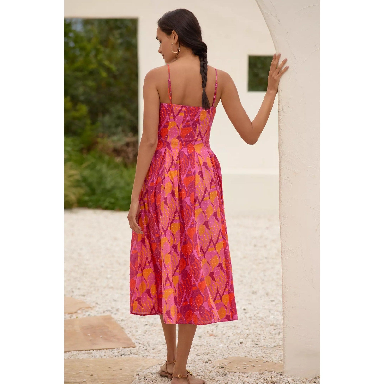 Anthropologie x Farm Rio Fit & Flare Midi Dress Size Medium Pink Boho Anthropologie