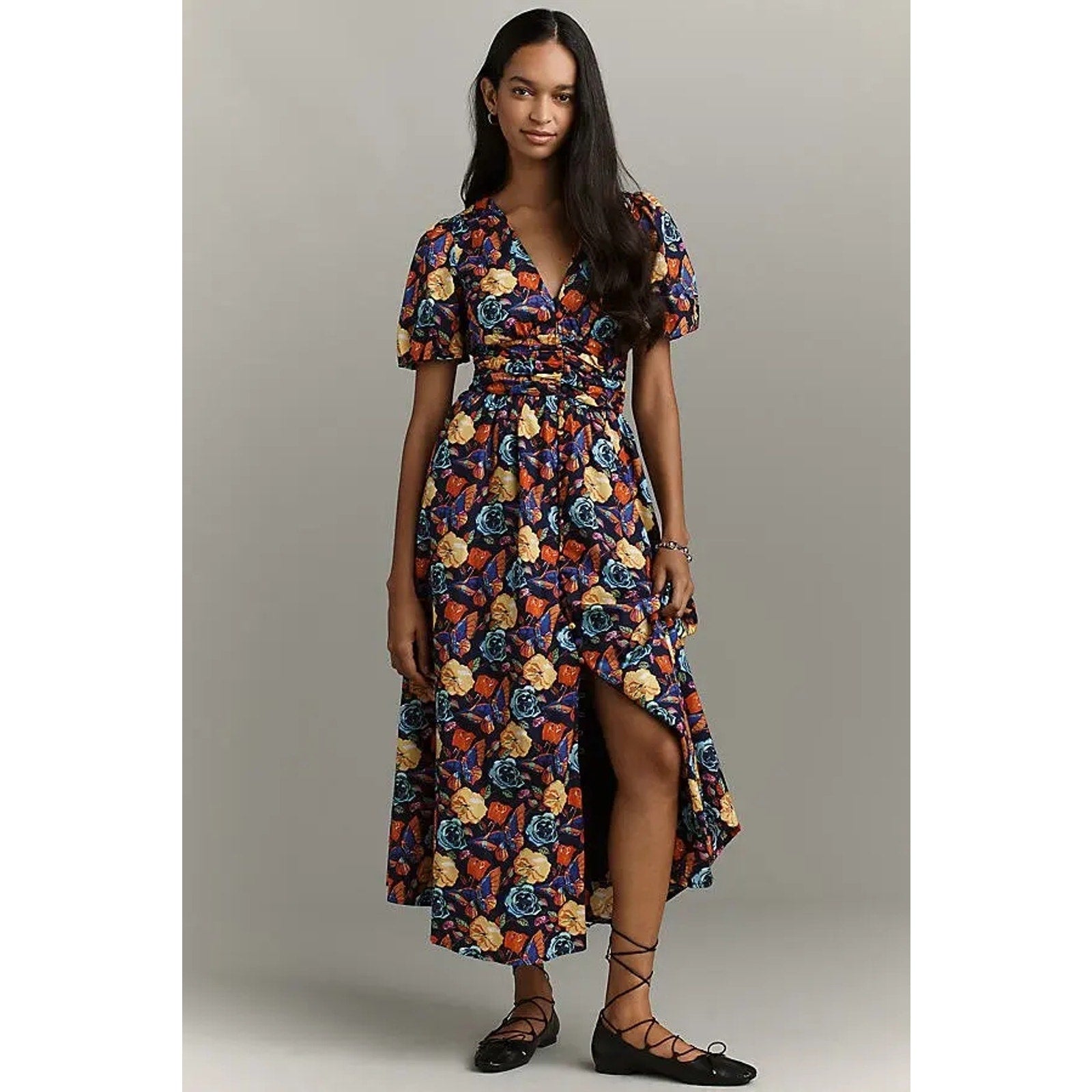 ANTHROPOLOGIE Katerina Button-Front Floral Midi Dress PLUS 2X Navy Anthropologie