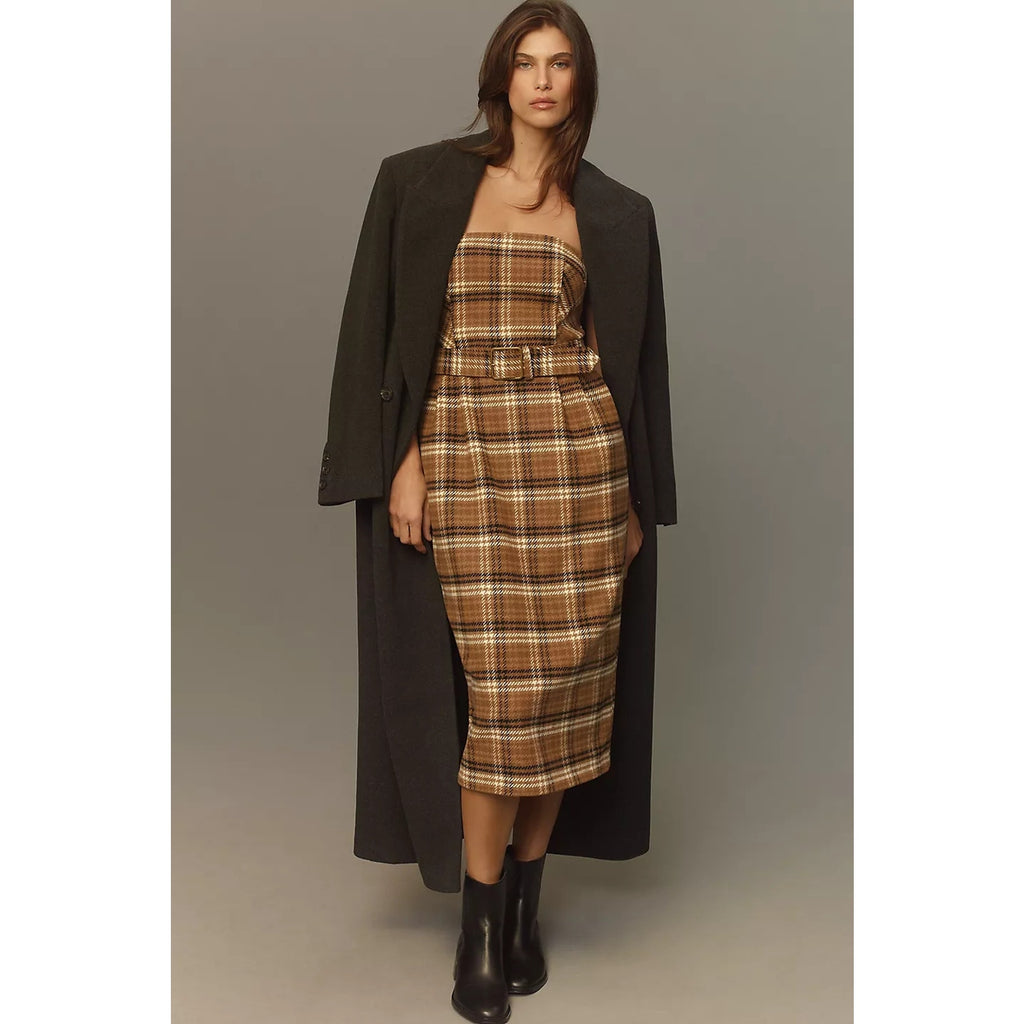 Anthropologie Strapless Belted Midi Dress $178 SIZE 6 Brown PLAID Wool