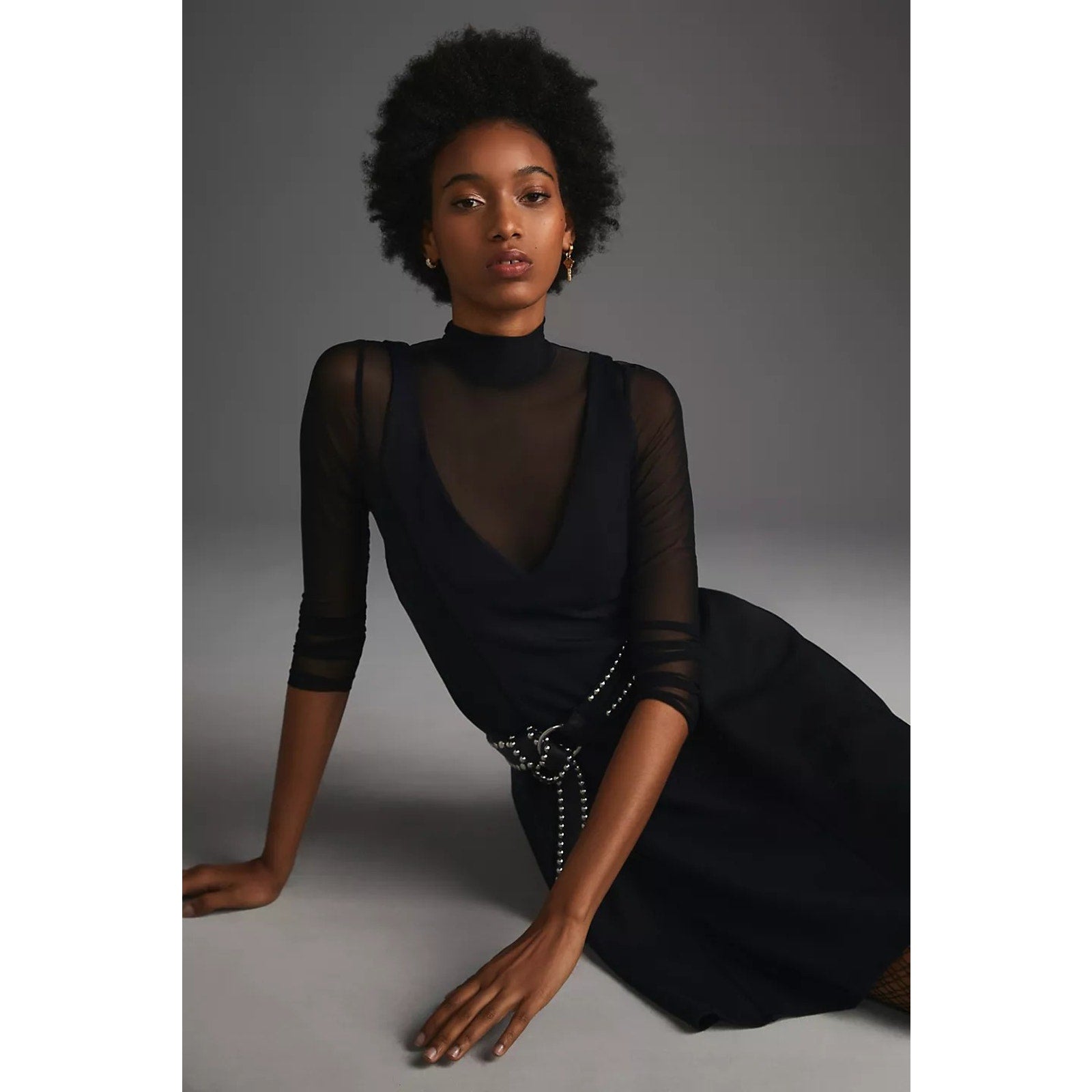 New Anthropologie Maeve Layered Sheer Stretch Mini Dress $160 SMALL Black