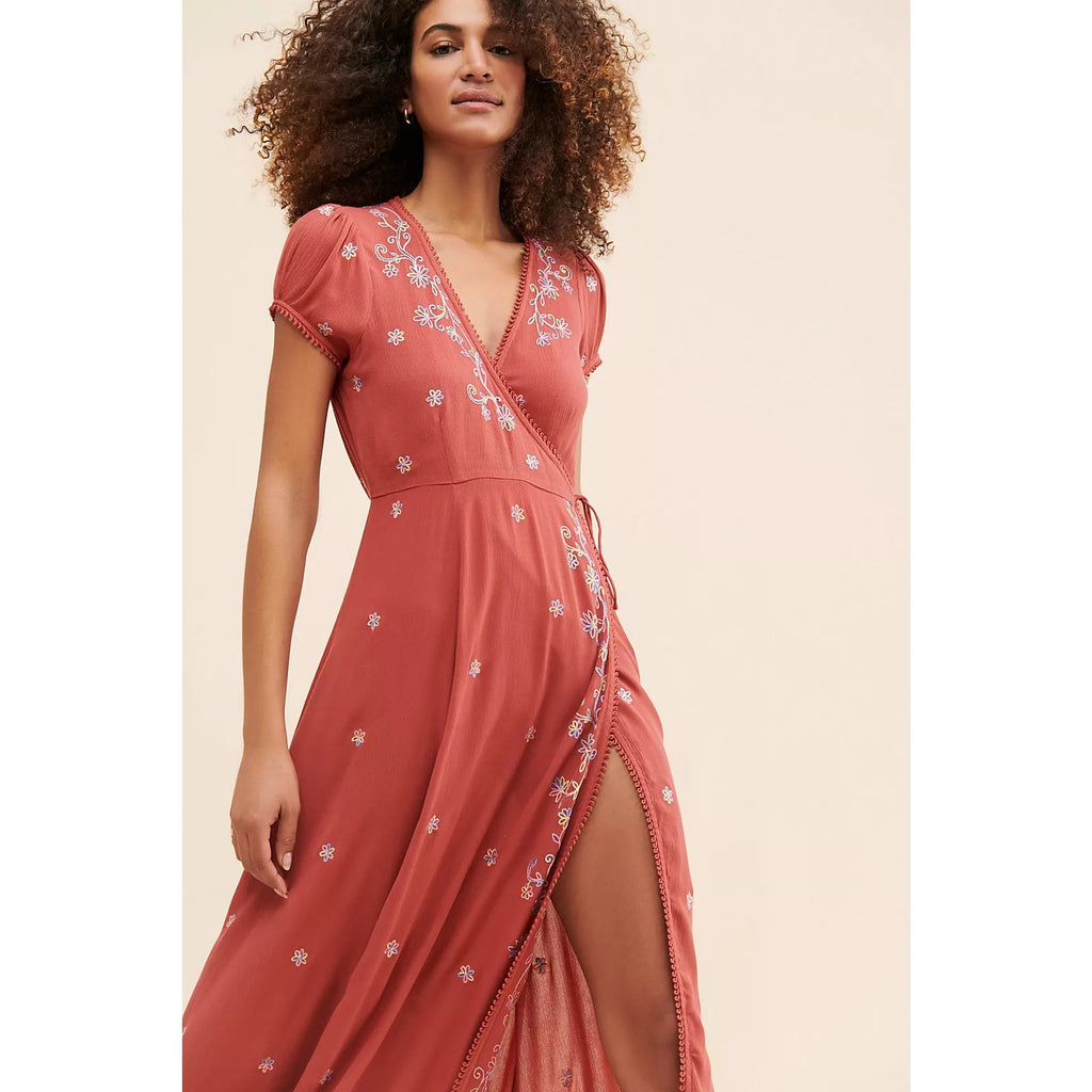 Free People Mia Wrap Boho Floral Embroidered Maxi Dress $168 X-SMALL