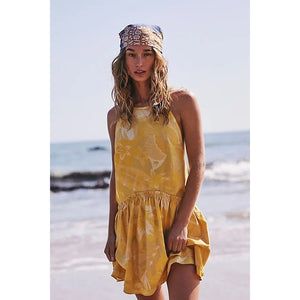 Free People Deserted Island Mini Dress SMALL Yellow Tropical Boho Combo