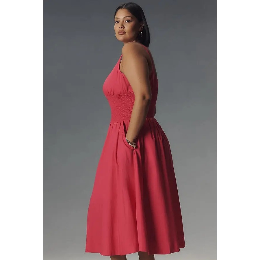 Tommie sleeveless smocked front-zip dress, coral-red gathered skirt