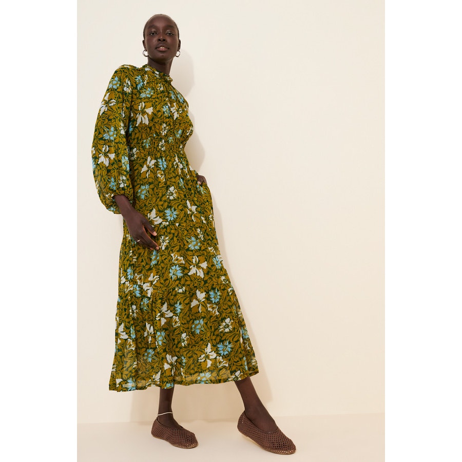 Floral chiffon maxi dress with mock neck, long sleeves, draped midi-to-maxi length