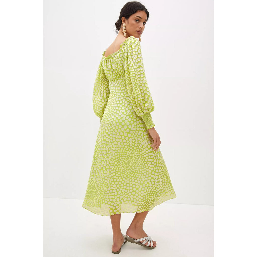 New Anthropologie EXQUISE Meryl Long Sleeve Midi Dress $218 XS Light Green Dot