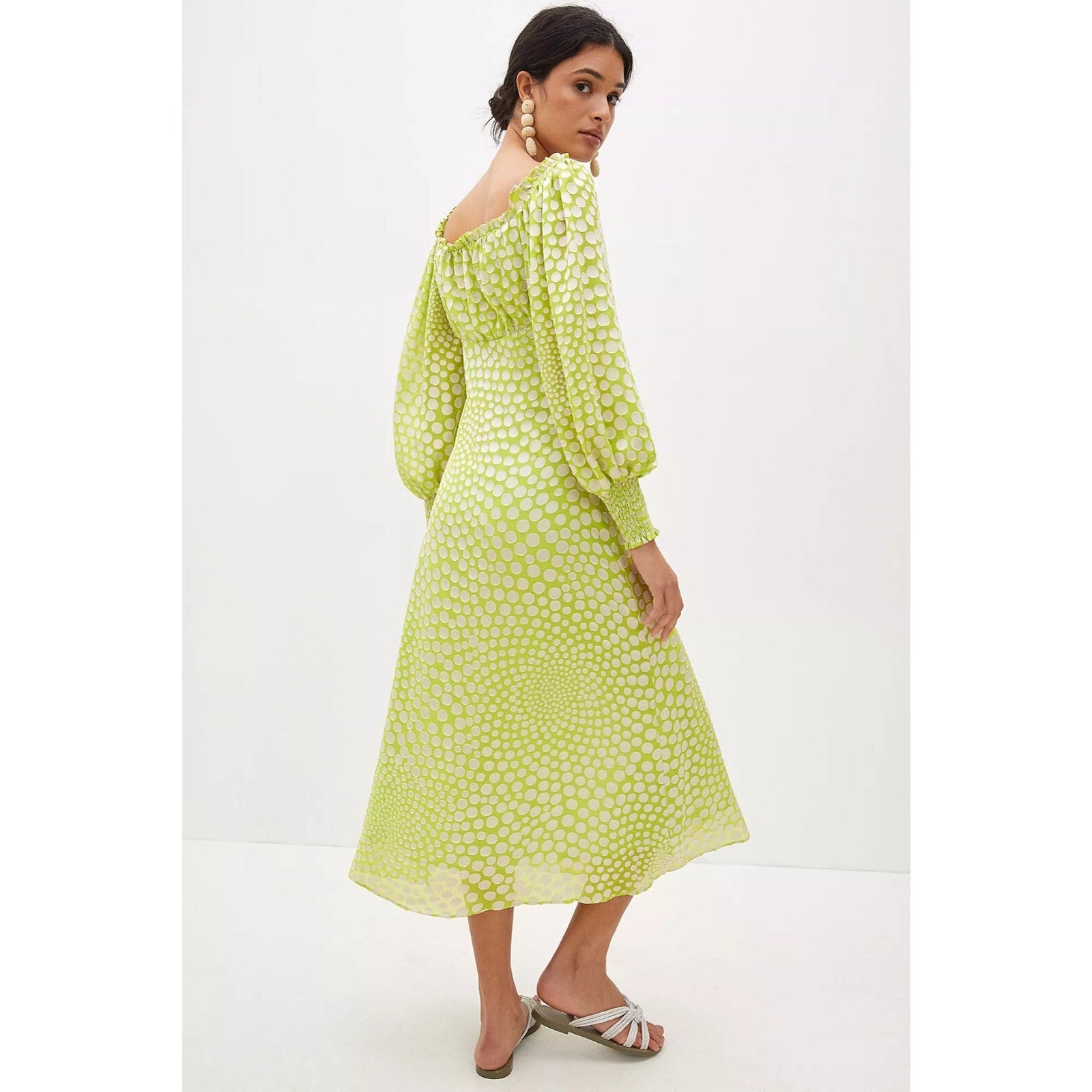 New Anthropologie EXQUISE Meryl Long Sleeve Midi Dress $218 XS Light Green Dot