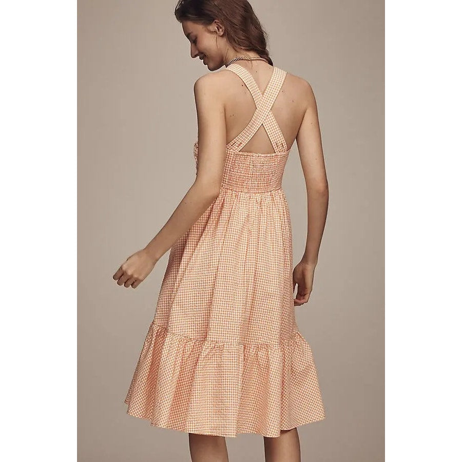 ANTHROPOLOGIE Maeve Halter Bow-Front Midi Dress SMALL Yellow Gingham Anthropologie