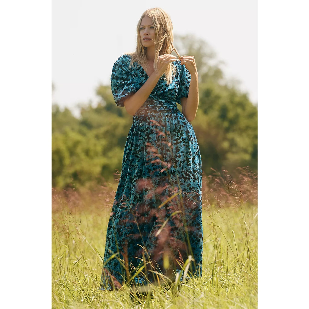 Anthropologie The Katerina Button-Front Dress Velvet Edition Sz M Blue Anthropologie