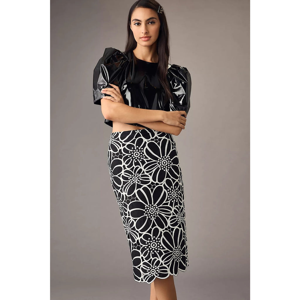 Anthropologie Maeve Floral Cutwork Midi Skirt