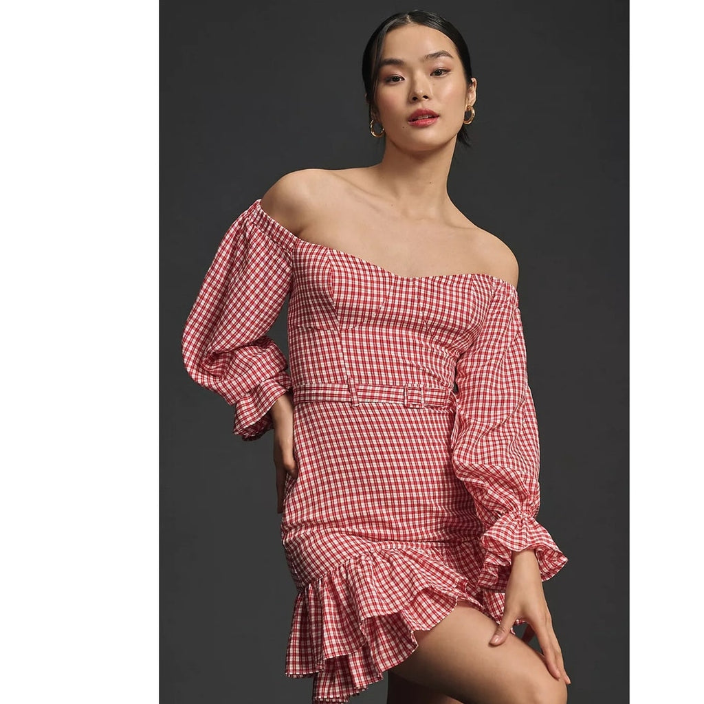 Anthropologie Maeve Off-The-Shoulder Ruffled Mini Dress $178 8P Red Petite