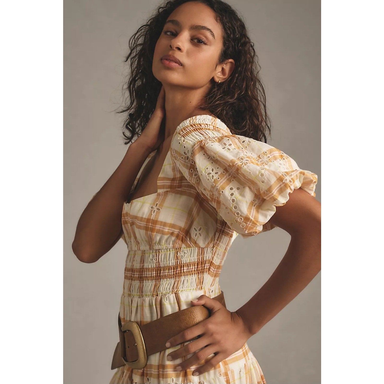 New By Anthropologie Puff-Sleeve Eyelet Midi Dress $188 X-SMALL Yellow