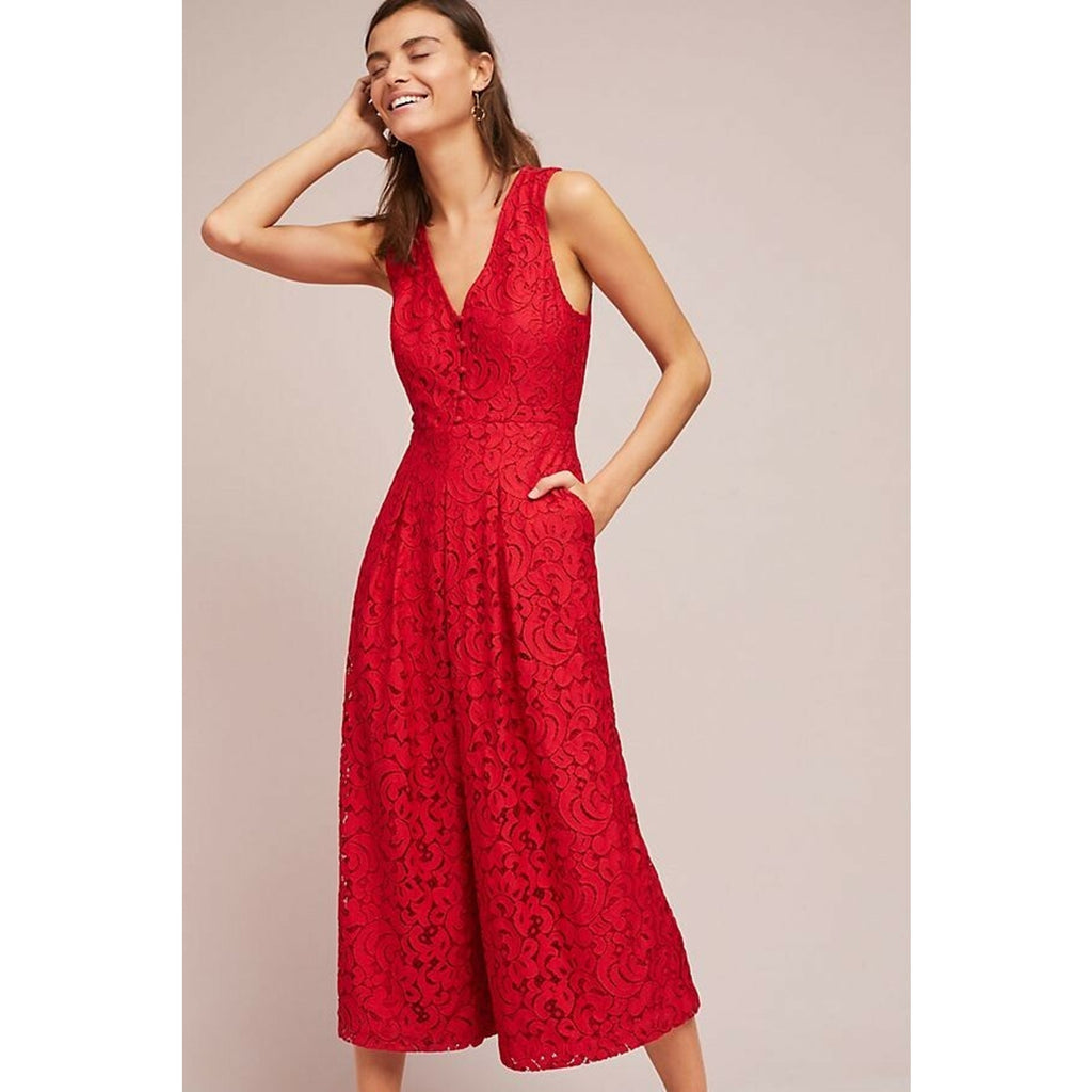 New Anthropologie Moulinette Soeurs Jaeda Lace Wide-Leg Jumpsuit $168 Sz 2 Red