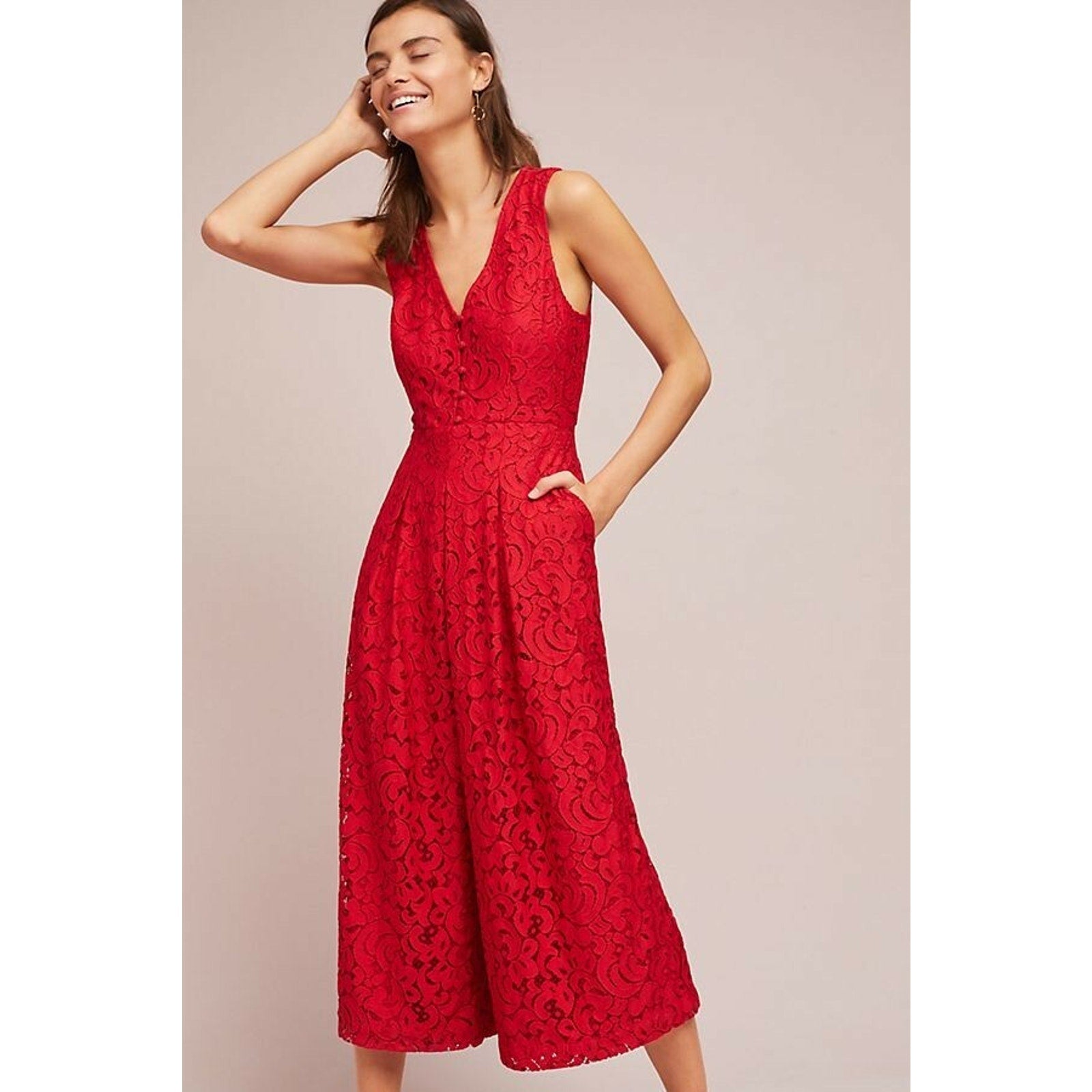 New Anthropologie Moulinette Soeurs Jaeda Lace Wide-Leg Jumpsuit $168 Sz 2 Red