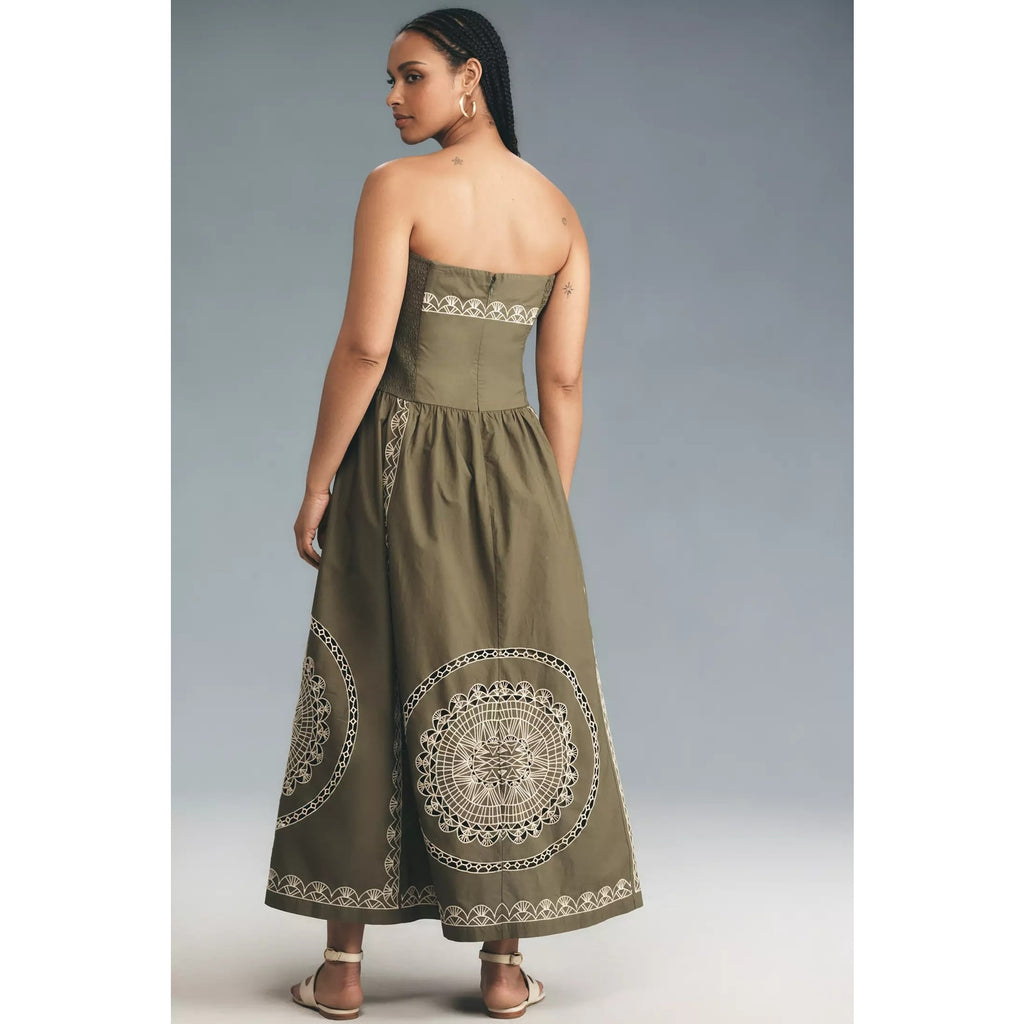 Anthropologie Strapless Drop-Waist Embroidered Midi Dress Large Olive Anthropologie