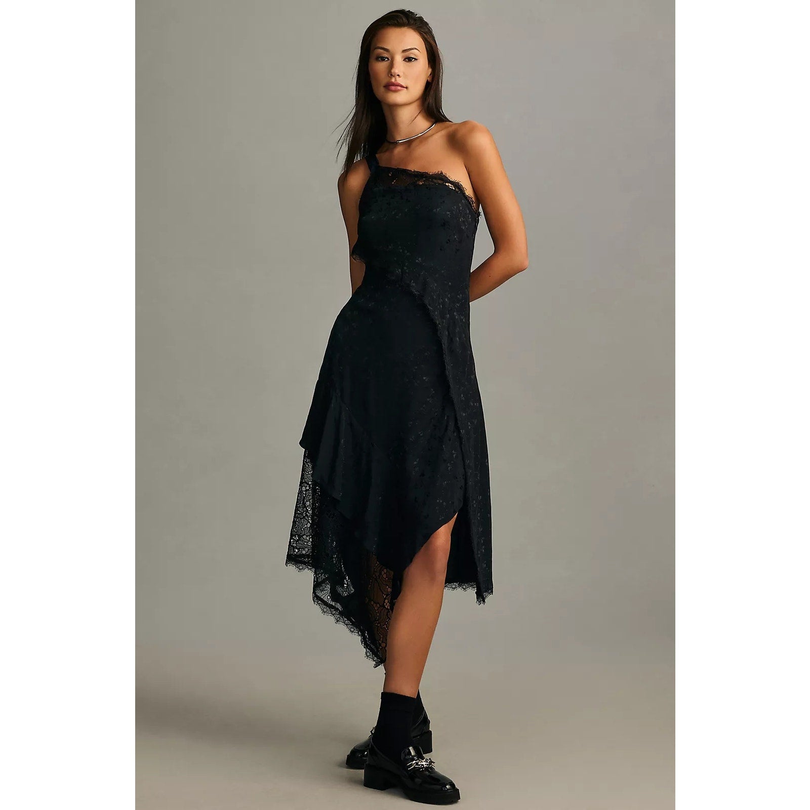 Anthropologie Asymmetrical Lace Maxi Dress $198 SIZE 14P Black ONE SHOULDER