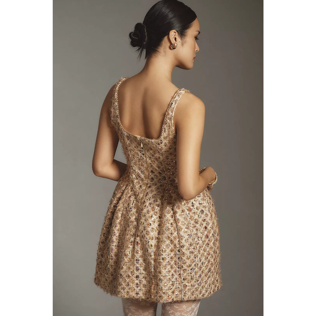 Anthropologie Maeve Tweed Fit & Flare Mini Dress $198 SIZE 10 Neutral Sequin