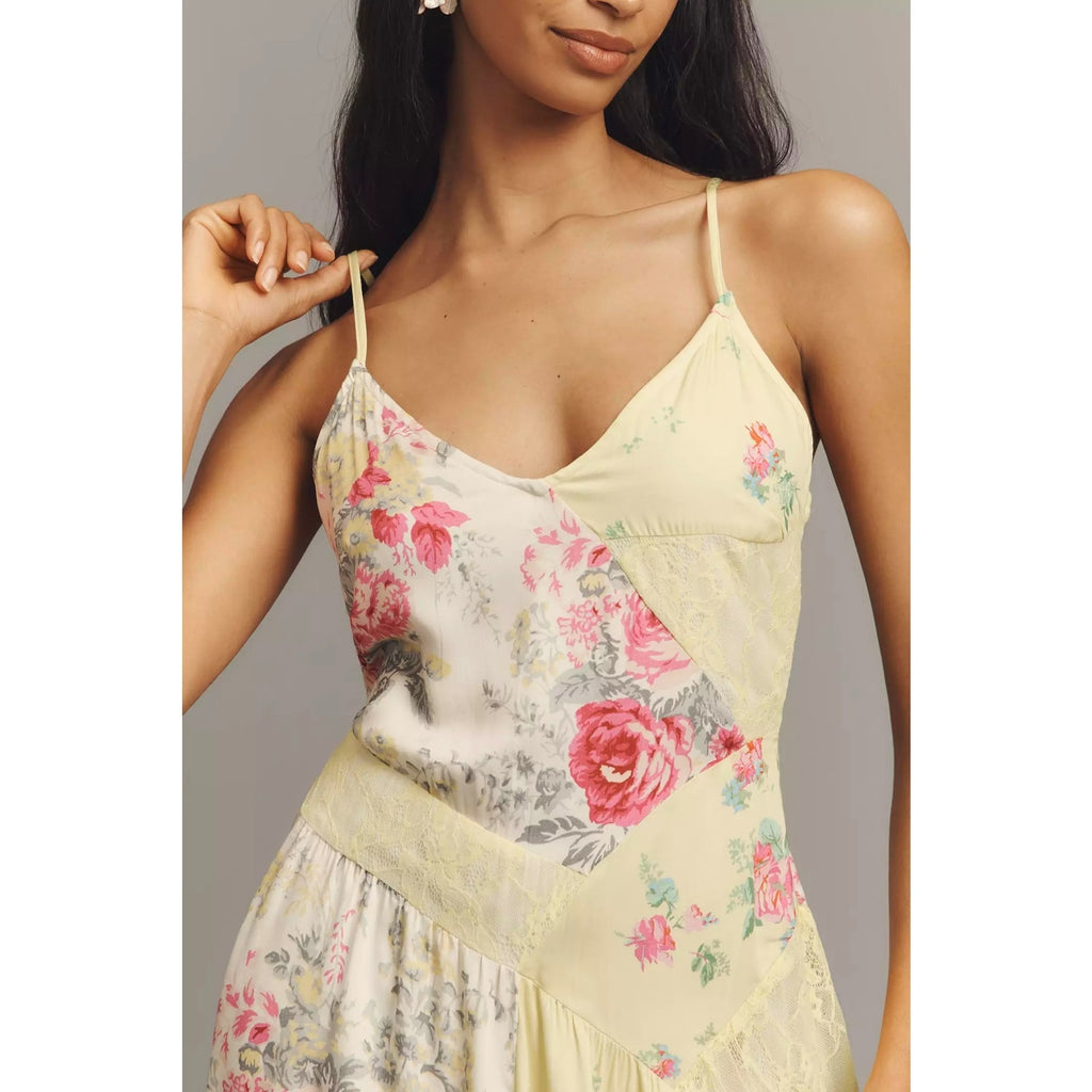 Anthropologie Sleeveless Patchwork Slip Midi Dress XS Yellow Floral Anthropologie