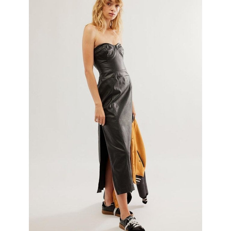 New Free People Mira Faux Leather Midi Dress $168 SIZE 10 Black Vegan Strapless
