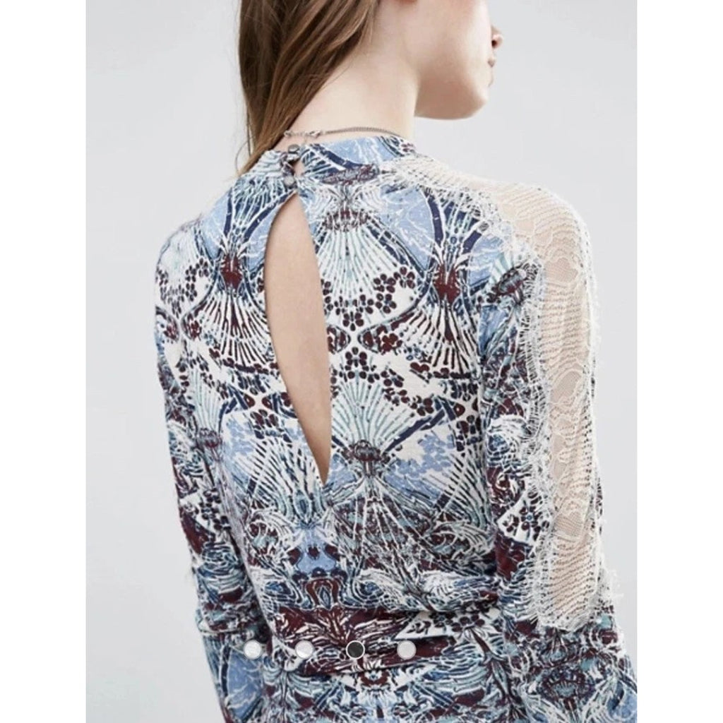New Free People Snow Combo Long Sleeve Tulip Top $88 XS Boho Lace Applique