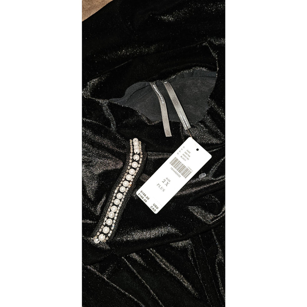 Black shiny dress fabric with rhinestone beaded trim and hanging label