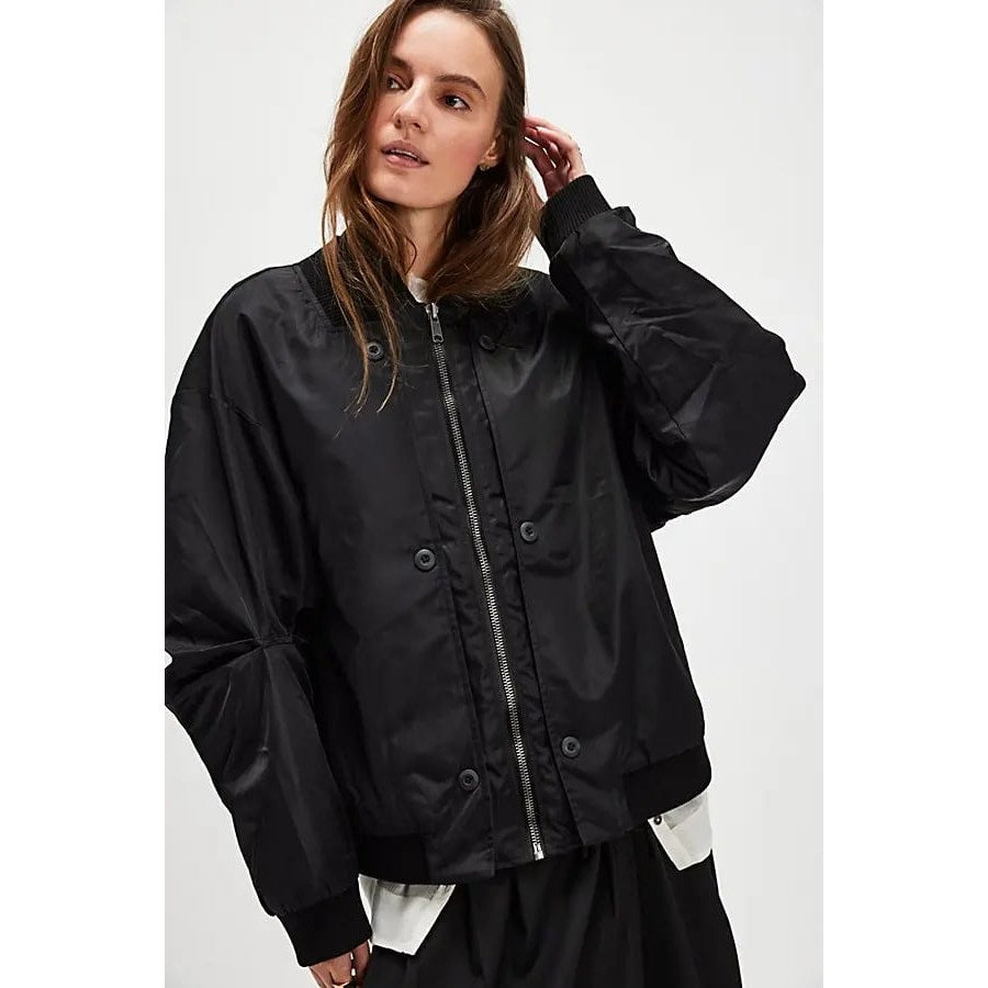 New FREE PEOPLE Keep Sake Bomber Jacket $398 LARGE Black Relaxed Oversized