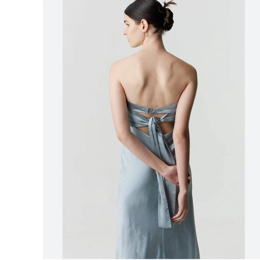 New FREE PEOPLE Third Form Satin Tie Back Strapless Dress $280 SIZE 10 Blue Midi