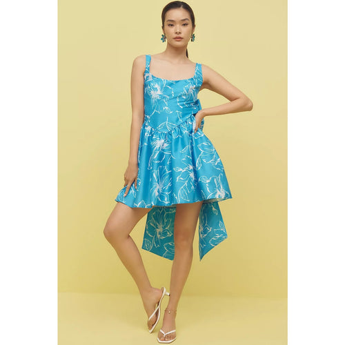 Blue sleeveless mini dress, white floral print, square neckline, basque waist, handkerchief hem