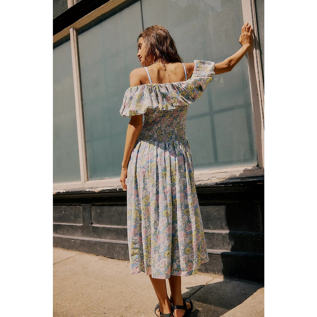 FREE PEOPLE Lewis Maxi Dress SMALL Blue Pastel Combo SMOCKED Free People