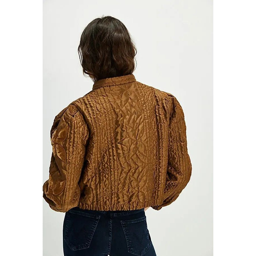 New FREE PEOPLE Quinn Quilted Crop Jacket $198 LARGE Bronze/Brown Patching