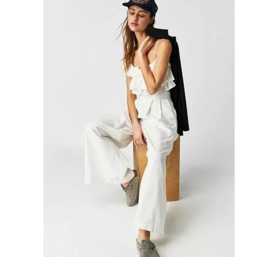 New Free People Danelle Crop Top Wide-Leg Pants Set $168 X-LARGE White Trousers
