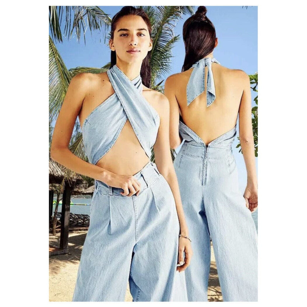 New Free People Sasha Convertible Wide-Leg Jeans WTF $178 LARGE Light Blue