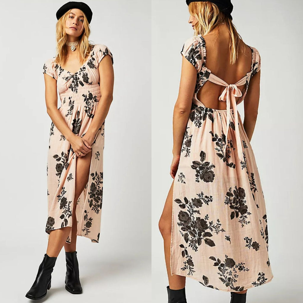 New Free People Forget Me Not Boho Floral Smocked Midi Dress $128 Small Peach