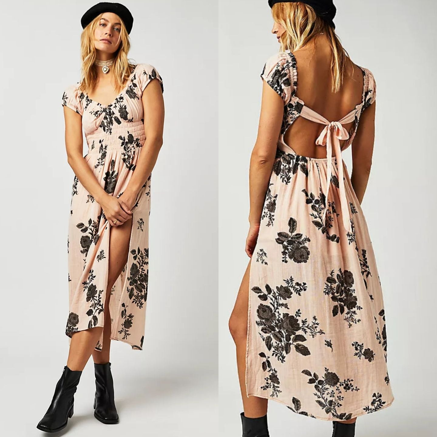 New Free People Forget Me Not Boho Floral Smocked Midi Dress $128 Small Peach