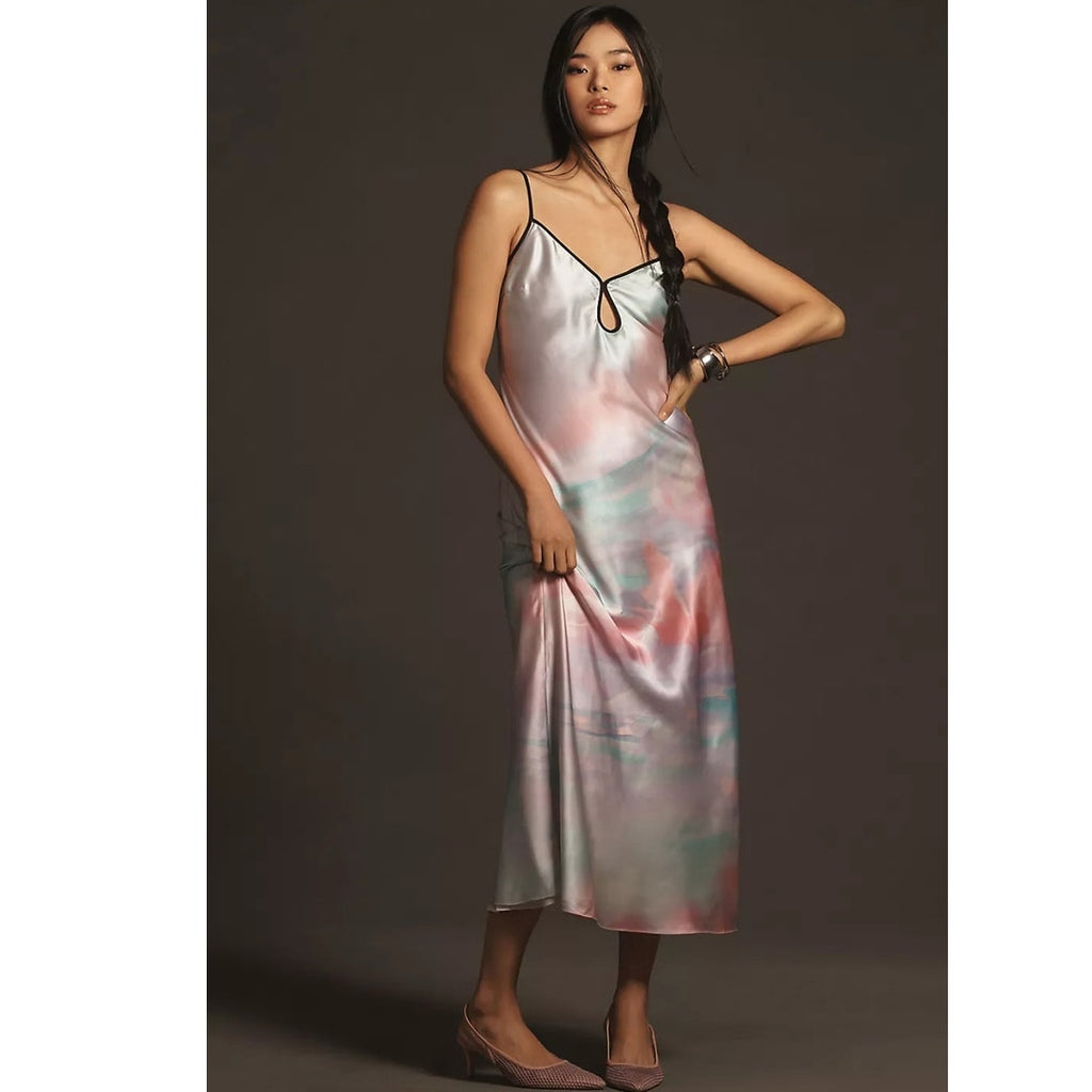 Anthropologie Geisha Designs Printed Slip Midi Dress $188 SMALL Pink SATIN