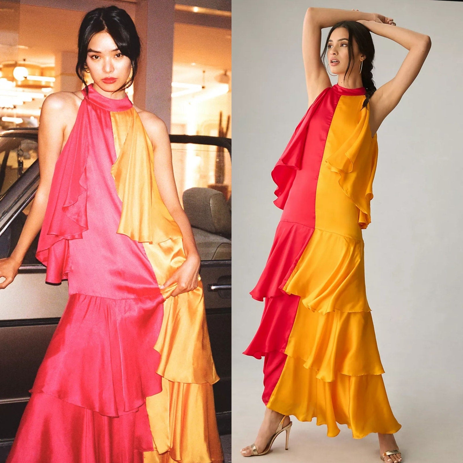New Anthropologie x Pinnacle Mock-Neck Colorblock Ruffle Dress $248 Pink Yellow