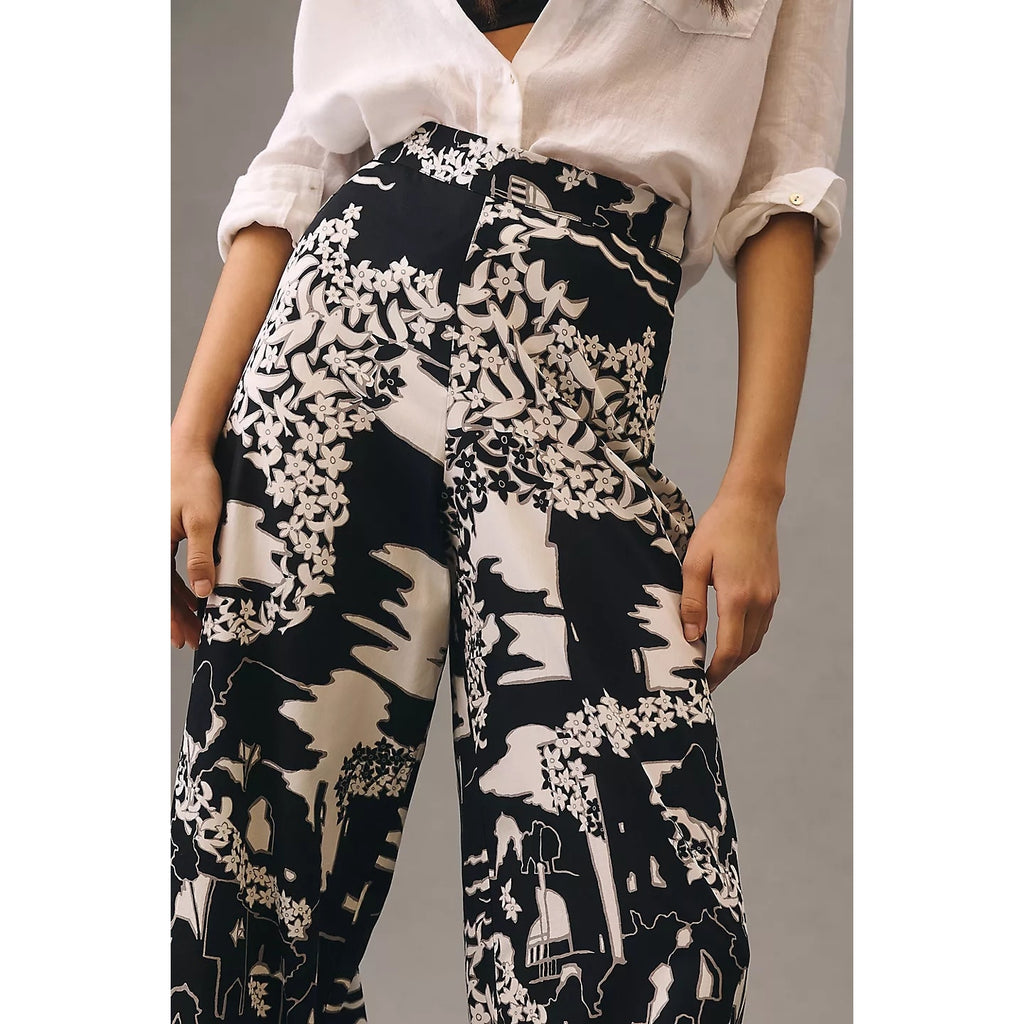 New ANTHROPOLOGIE Tiny Anne Printed Wide-Leg Pants $160 SIZE 2 Black Motif