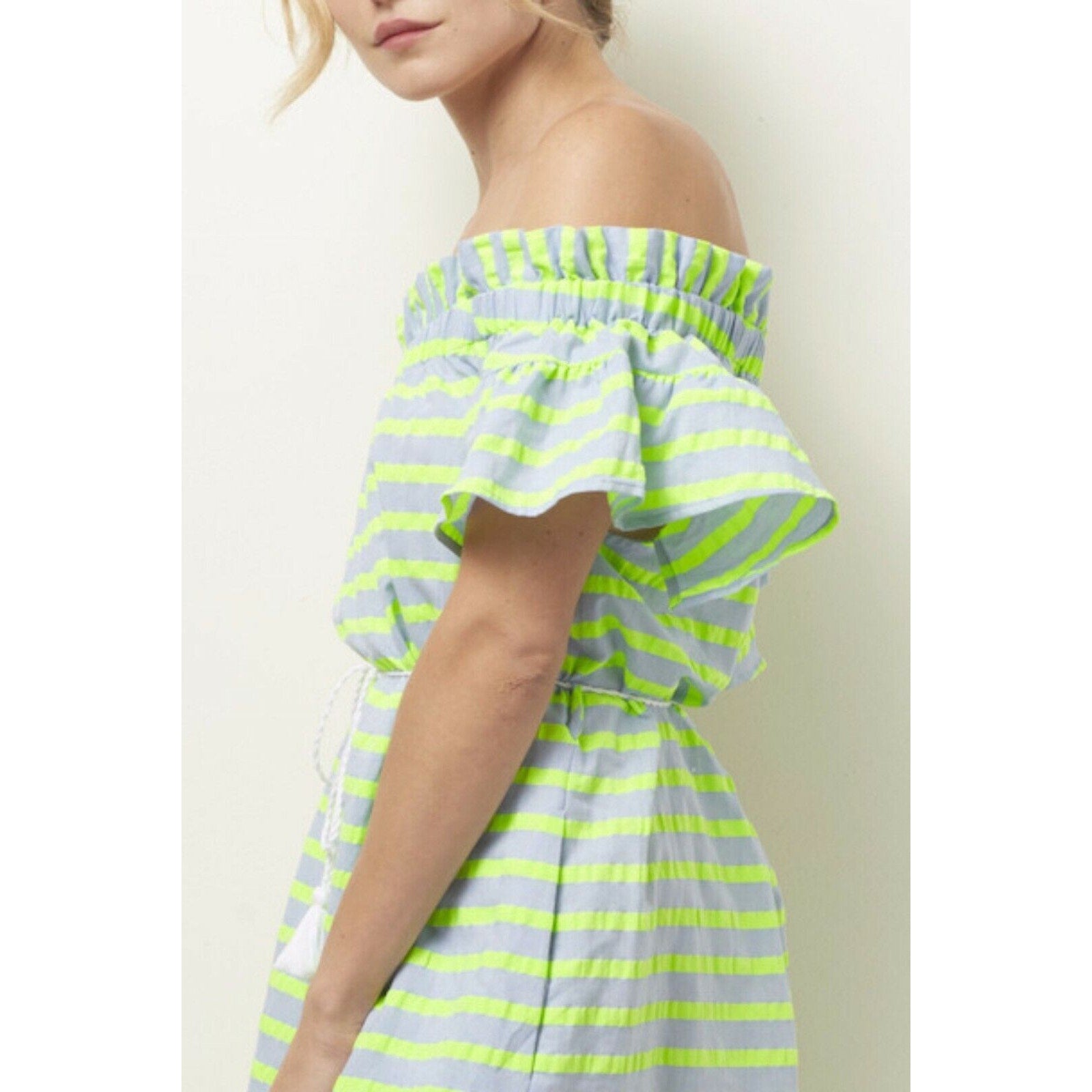 New Corey Lynn Calter Biata Off-The-Shoulder Midi Dress $178 SMALL Blue Lime