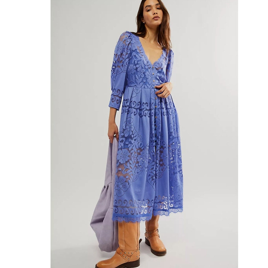 New FREE PEOPLE Shadow Dance Midi Dress $198 X-SMALL Blue PERSIAN JEWEL