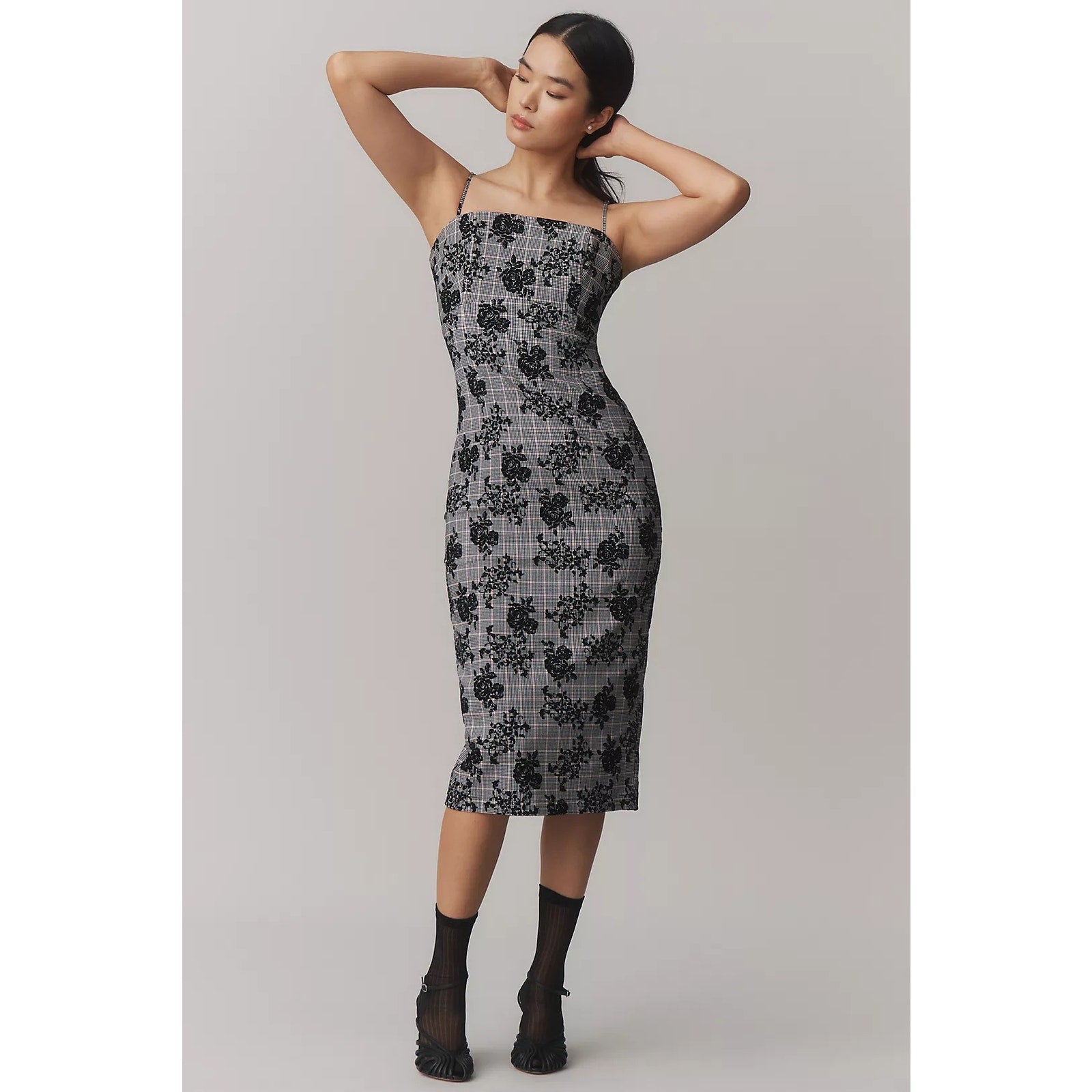 Anthropologie Maeve Slim Patterned Midi Dress MEDIUM Black Floral Anthropologie