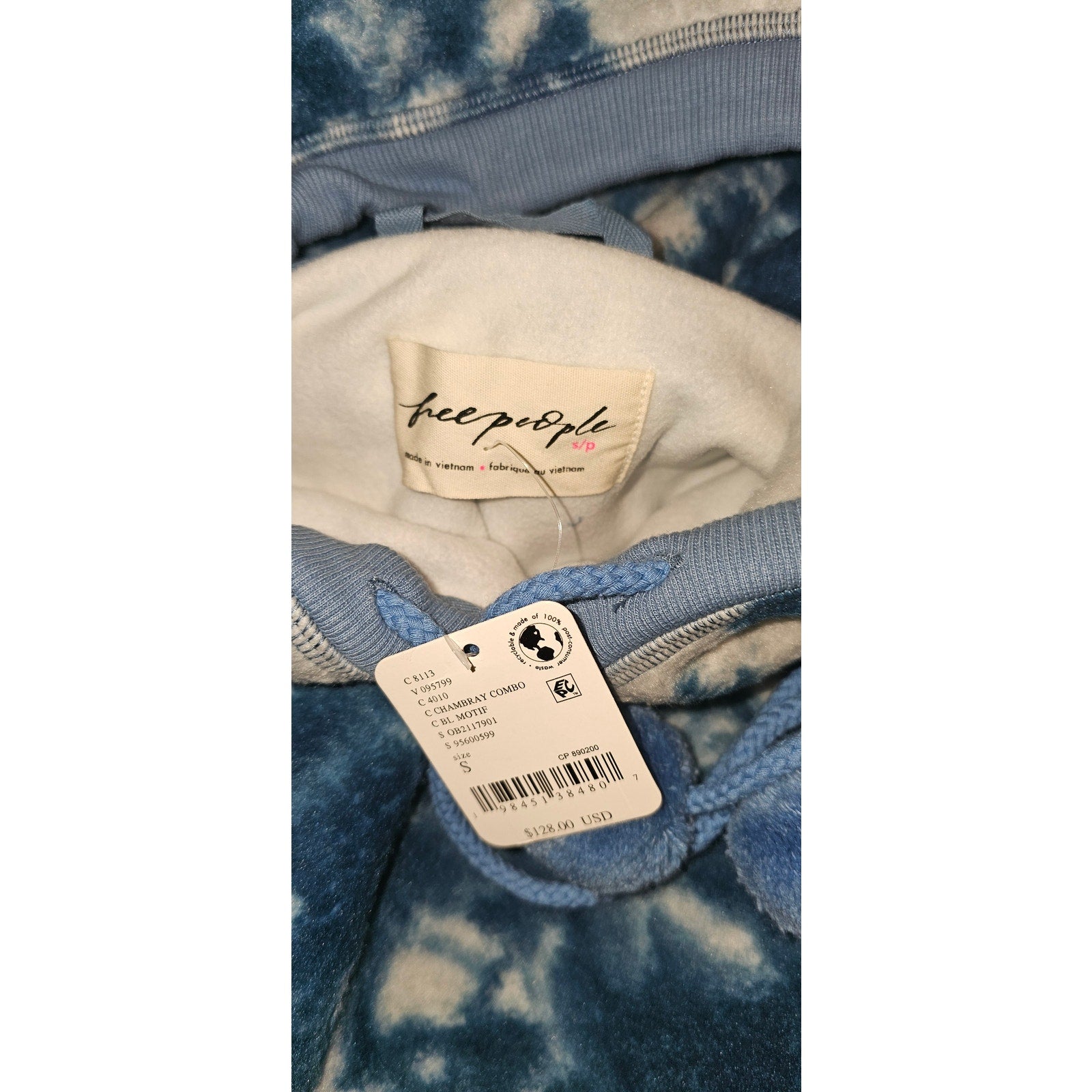 New FREE PEOPLE With Love Sweatshirt $128 SMALL Blue HOODED FLEECE
