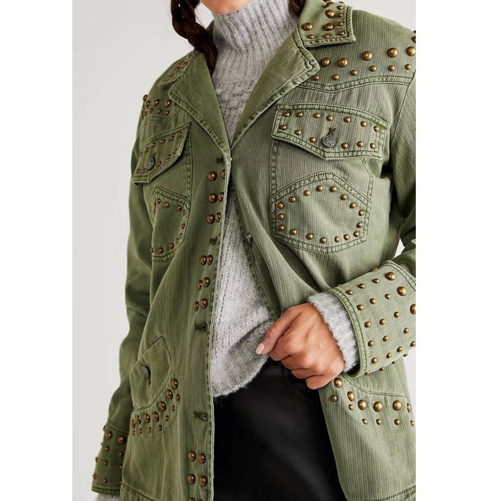 New Free People WTF Rock and Stud Shirt Jacket $348 Army Green XS 0/2