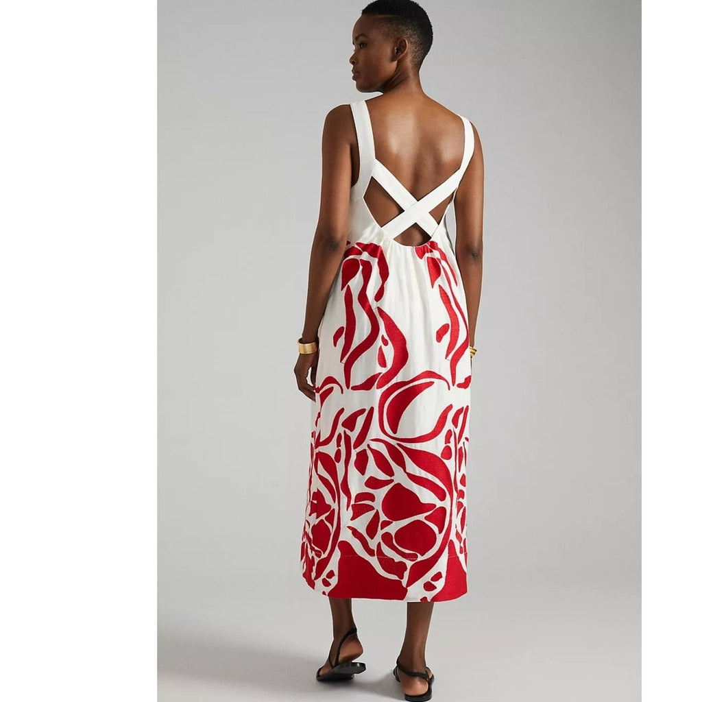 Anthropologie Front Cutout Maxi Dress $248 MEDIUM Red Motif EMBROIDERED