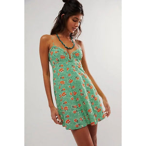 Free People Altura Printed Mini Dress LARGE Retro Floral Green Strappy