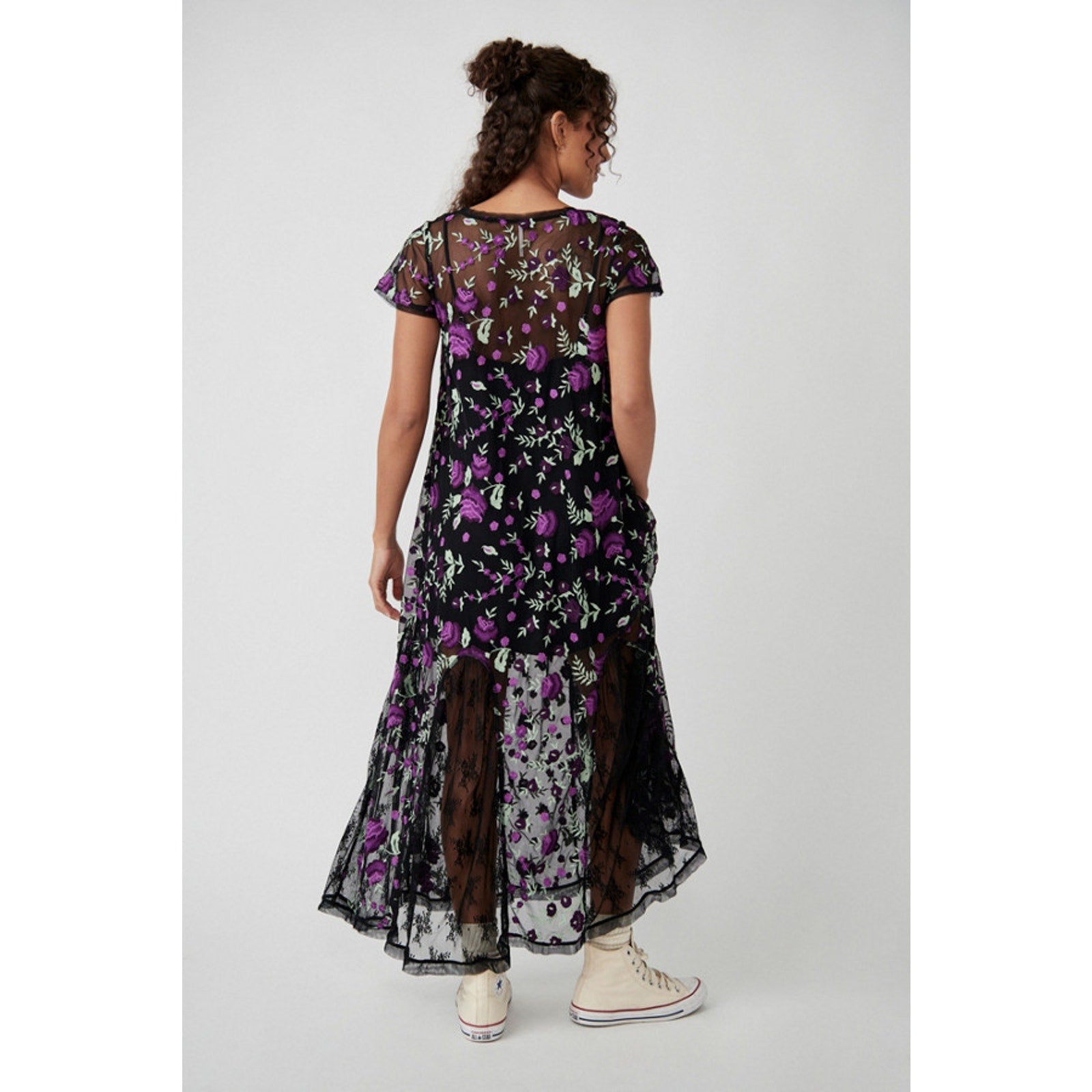 New Free People Sky Bright Floral Midi Dress $228 X-SMALL Black/Purple Sheer