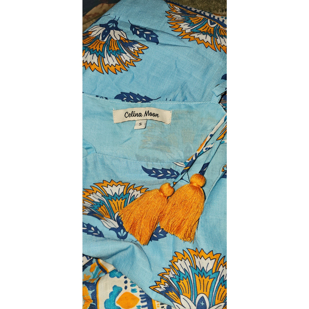 New Anthropologie Celina Moon Harriet Maxi Dress $199 SMALL Boho Blue Tasseled